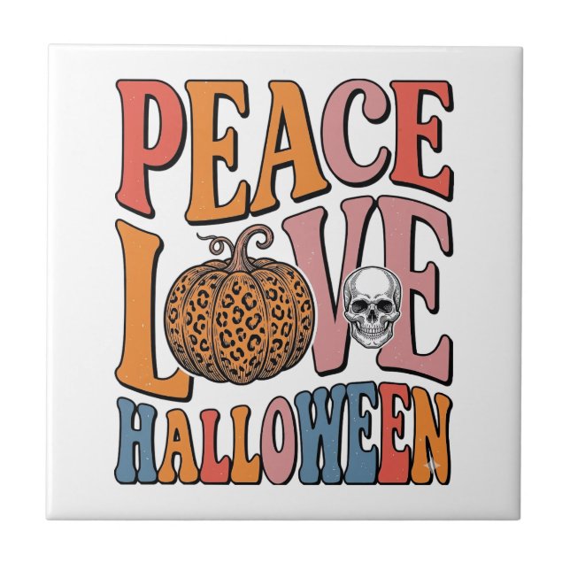 Vintage Peace Love Halloween Pumpkin Skull Design_ Tile (Front)