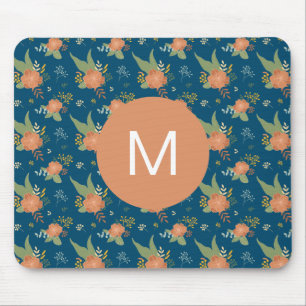 Vintage Peach and blue Floral Pattern Monogram Mouse Mat
