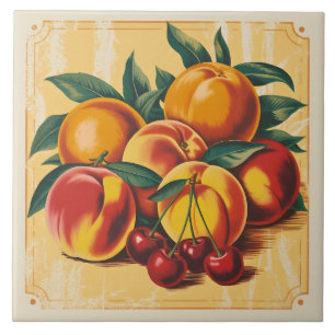 Vintage Peach and Cherry Rustic Orchard Fruit Tile