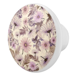 Vintage Peach And Lavender Floral Ceramic Knob