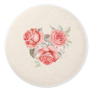 Vintage Peach Coral Roses Greenery Leaves Ceramic Knob