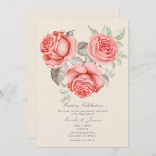 Vintage Peach Coral Roses Greenery Leaves Wedding Invitation