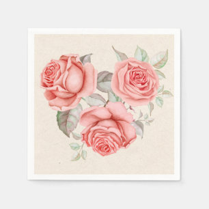 Vintage Peach Coral Roses Greenery Leaves Wedding Napkin