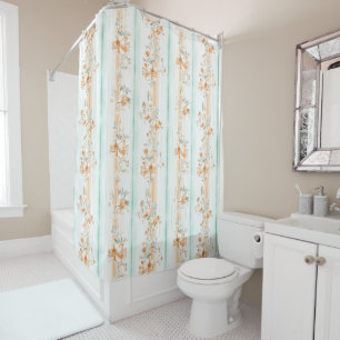 Vintage Peach Floral Mint Green Striped Pattern Shower Curtain