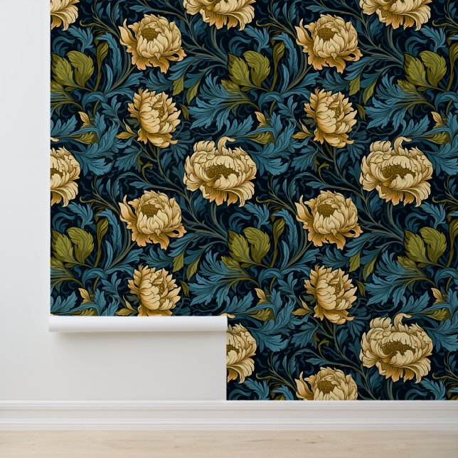 Vintage Peach Floral Teal Green Wallpaper (Application)