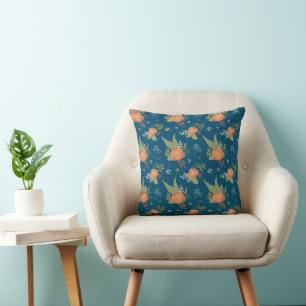 Vintage Peach Flower Pattern Dark Blue Cushion
