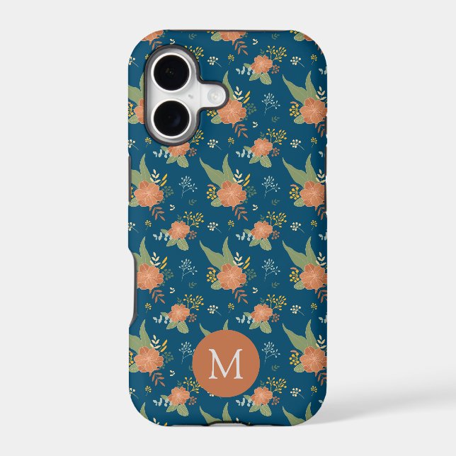 Vintage Peach Flower Pattern Dark Blue Monogram (Back)