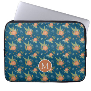 Vintage Peach Flower Pattern Dark Blue Monogram Laptop Sleeve