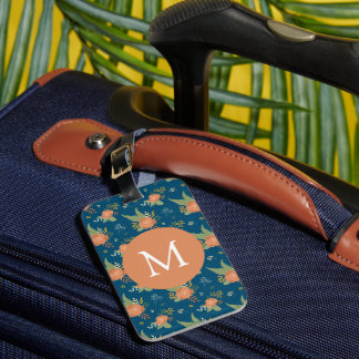 Vintage Peach Flower Pattern Dark Blue Monogram Luggage Tag
