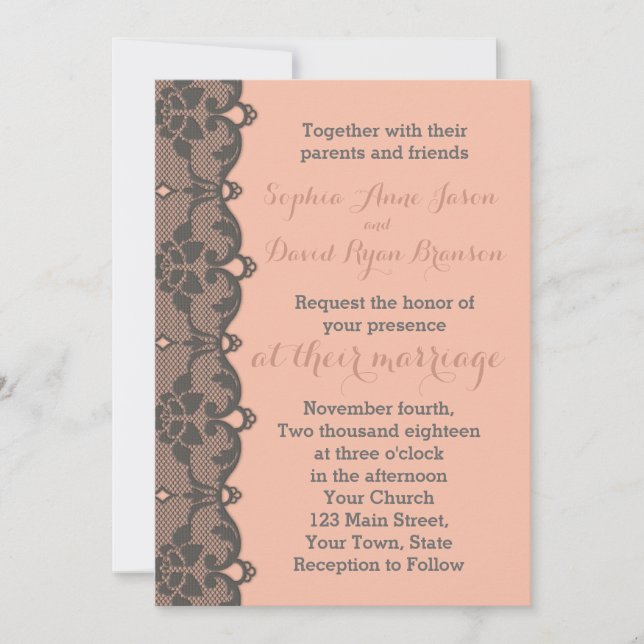Vintage Peach Grey Lace Wedding Invitation (Front)