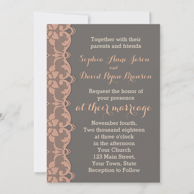 Vintage Peach Grey Lace Wedding Invitation (Front)