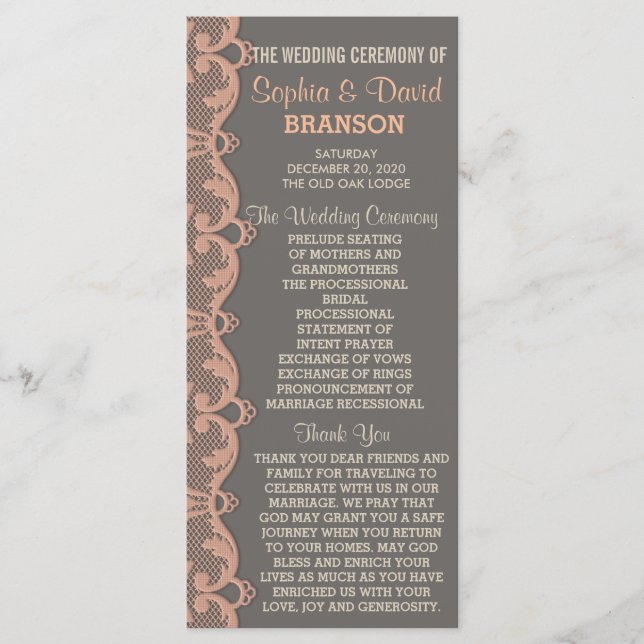 Vintage Peach Grey Lace Wedding Program Custom Programme (Front)