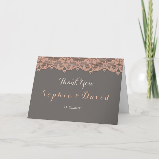 Vintage Peach Grey Lace Wedding THANK YOU Card (Front)