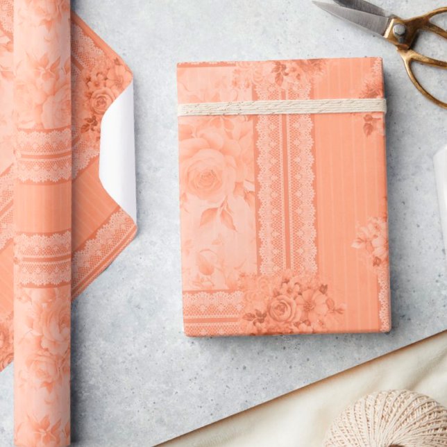 Vintage Peach Lace Faded Roses Wrapping Paper (Vintage, romantic, feminine...)
