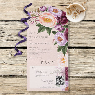 Vintage Peach Lavender & Maroon Peonies QR Code All In One Invitation
