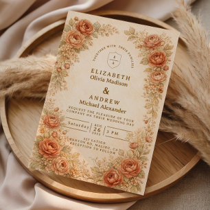 Vintage Peach Rose Floral Wedding Invitation