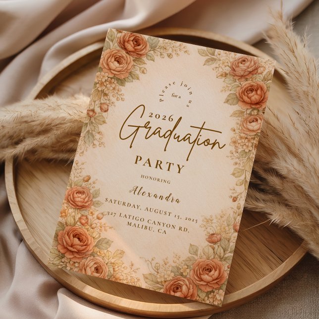 Vintage Peach Rose Graduation Party Invitation (Creator Uploaded)