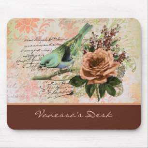 Vintage Peach Rose Handwriting and Bird on Rust  Mouse Mat