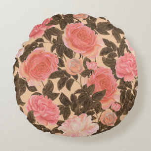 Vintage peach rose watercolor pattern. round cushion