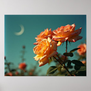 Vintage Peach Roses Under Blue Crescent Moon Sky Poster