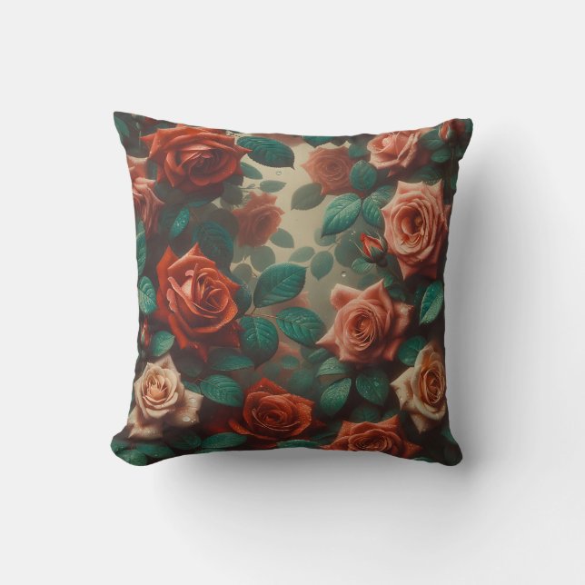 “Vintage Peach Roses with Raindrops"  Cushion (Front)
