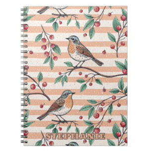 Vintage Peach Songbird Berry Branch Pattern Notebook