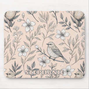Vintage Peach Songbird Wildflower Pattern Mouse Mat