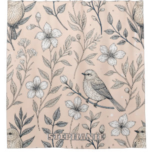 Vintage Peach Songbird Wildflower Pattern Shower Curtain