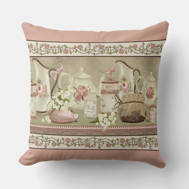 Vintage Peach Tea & Roses Throw Pillow (Front)