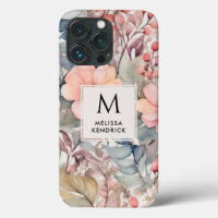 Vintage Peach Wildflowers Watercolor Monogram Name
