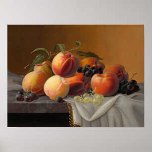 Vintage Peaches Grapes Fruit Still Life Painting Poster