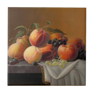 Vintage Peaches Grapes Fruit Still Life Painting Tile