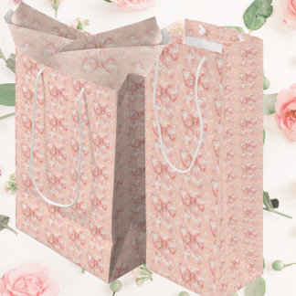 Vintage Peachy Floral Toile Bows Decoupage  Medium Gift Bag