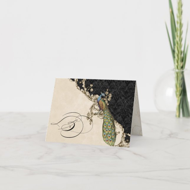 Vintage Peacock 1 Monogrammed Initial Notecard - S (Front)