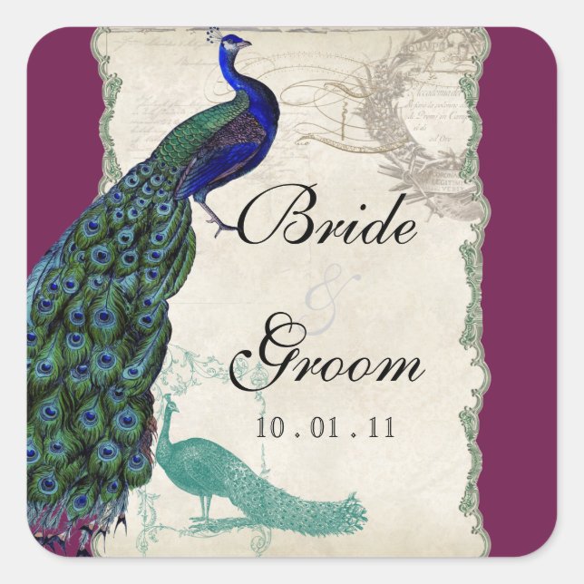 Vintage Peacock 5 - Wedding Seal or Sticker (Front)