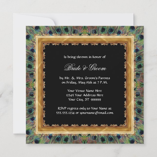 Vintage Peacock 9 Feathers Carved Gold Elegant Invitation (Front)