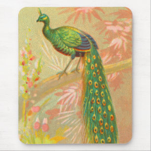 Vintage Peacock and flowers painting Mouse Mat