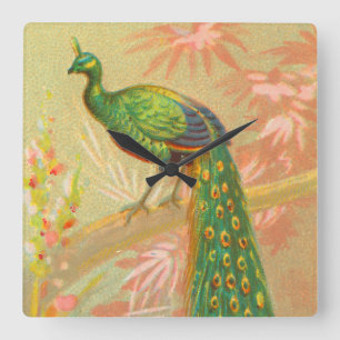 Vintage Peacock and flowers painting Square Wall Clock