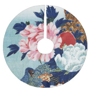 Vintage Peacock and peonies flowers painting Brushed Polyester Tree Skirt