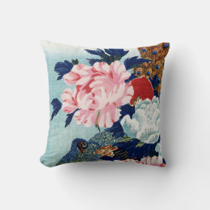 Vintage Peacock and peonies flowers painting Cushion