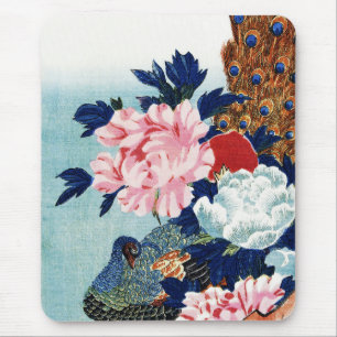 Vintage Peacock and peonies flowers painting Mouse Mat