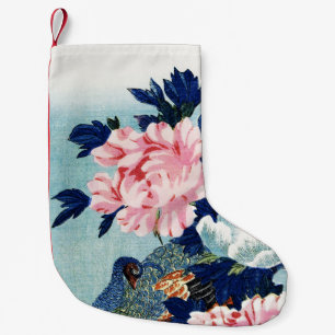 Vintage Peacock and peonies flowers painting Small Christmas Stocking