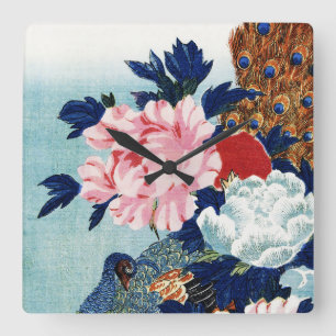 Vintage Peacock and peonies flowers painting Square Wall Clock