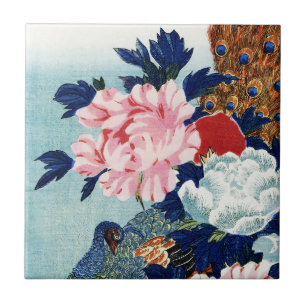 Vintage Peacock and peonies flowers painting Tile