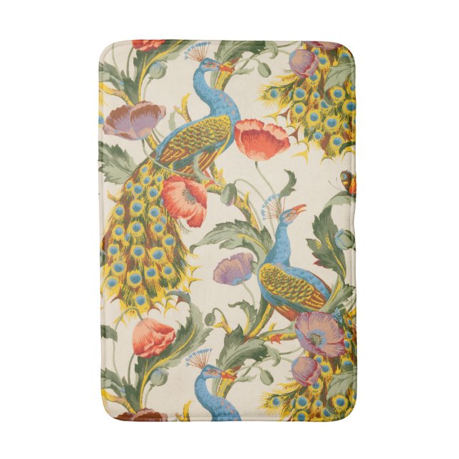 Vintage Peacock and poppies illustrations Bath Mat (Front Vertical)