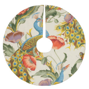 Vintage Peacock and poppies illustrations Brushed Polyester Tree Skirt
