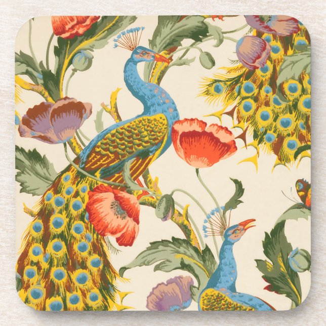 Vintage Peacock and poppies illustrations Coaster (Front)