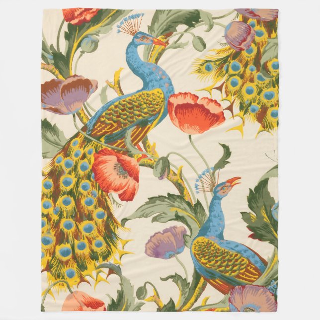 Vintage Peacock and poppies illustrations Fleece Blanket (Front)