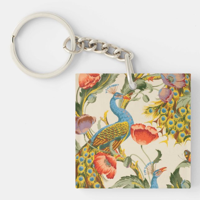 Vintage Peacock and poppies illustrations Key Ring (Front)