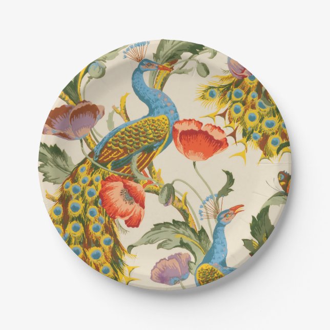 Vintage Peacock and poppies illustrations Paper Plate (Front)
